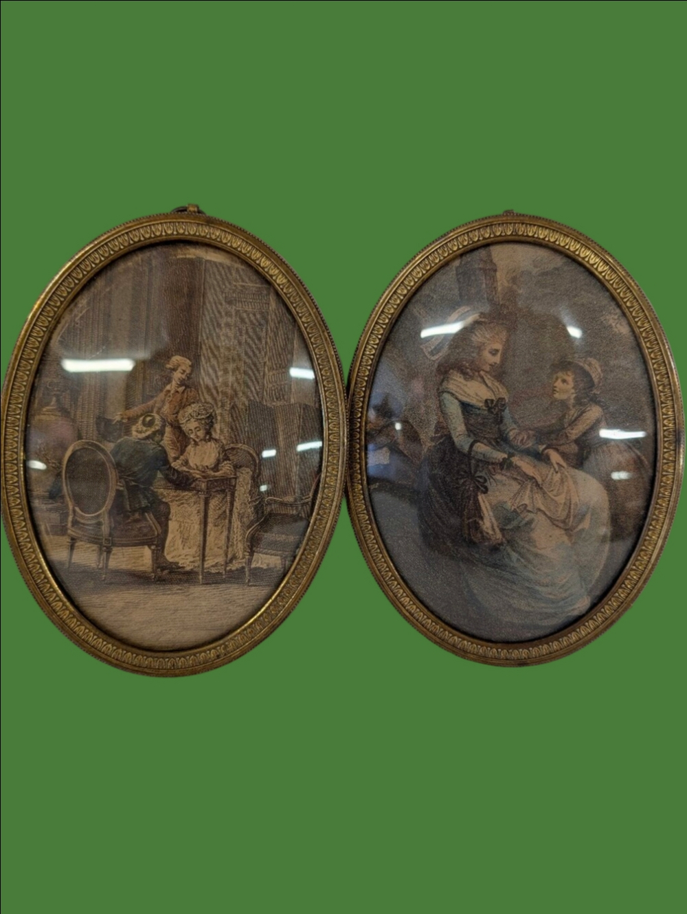 Victorian French Metal Oval  Mini Framed Art Prints Brass Frames - Set of 2